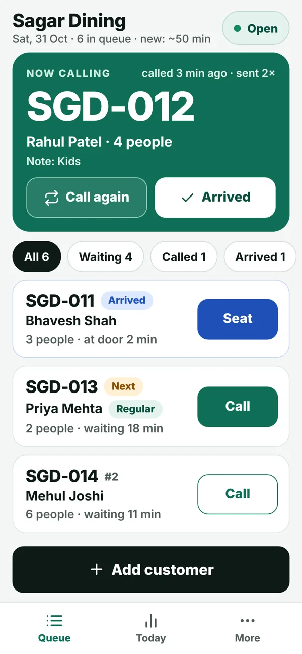 Live queue with the Now calling card and customer list